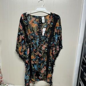 Time and Tru Floral Swim Coverup with Black Accents